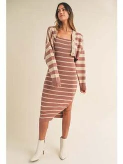 MableMable Jesse Crop Cardigan And Sleveless Dress Set - Red Bean Multi