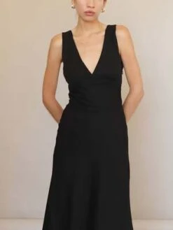 Sophie RueLinen V Back Midi Dress - Black -CYNTHIA ROWLEY Sales Store Sophie Rue Linen V Back Midi Dress Black 20230711013435