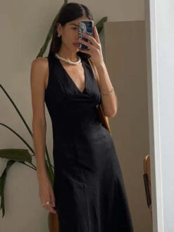 Sophie RueLinen V Back Midi Dress - Black -CYNTHIA ROWLEY Sales Store Sophie Rue Linen V Back Midi Dress Black 20230711013437 1